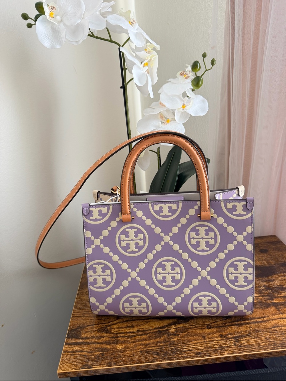 Tory Burch Lavender and Cream Printed Mini Satchel with Tan Handles